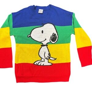 Peanuts Snoopy Rainbow Striped Colorblock Knit Sweater Multicolor Womens Medium